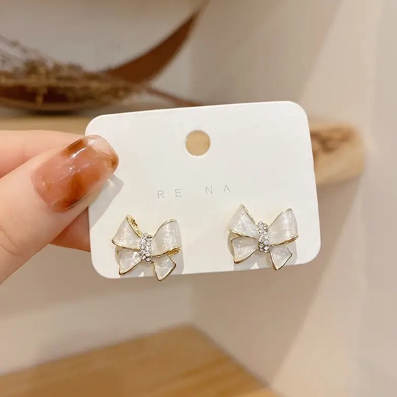 Jewelry - Gold Filled Pearly Cubic Zirconia Bow Earrings